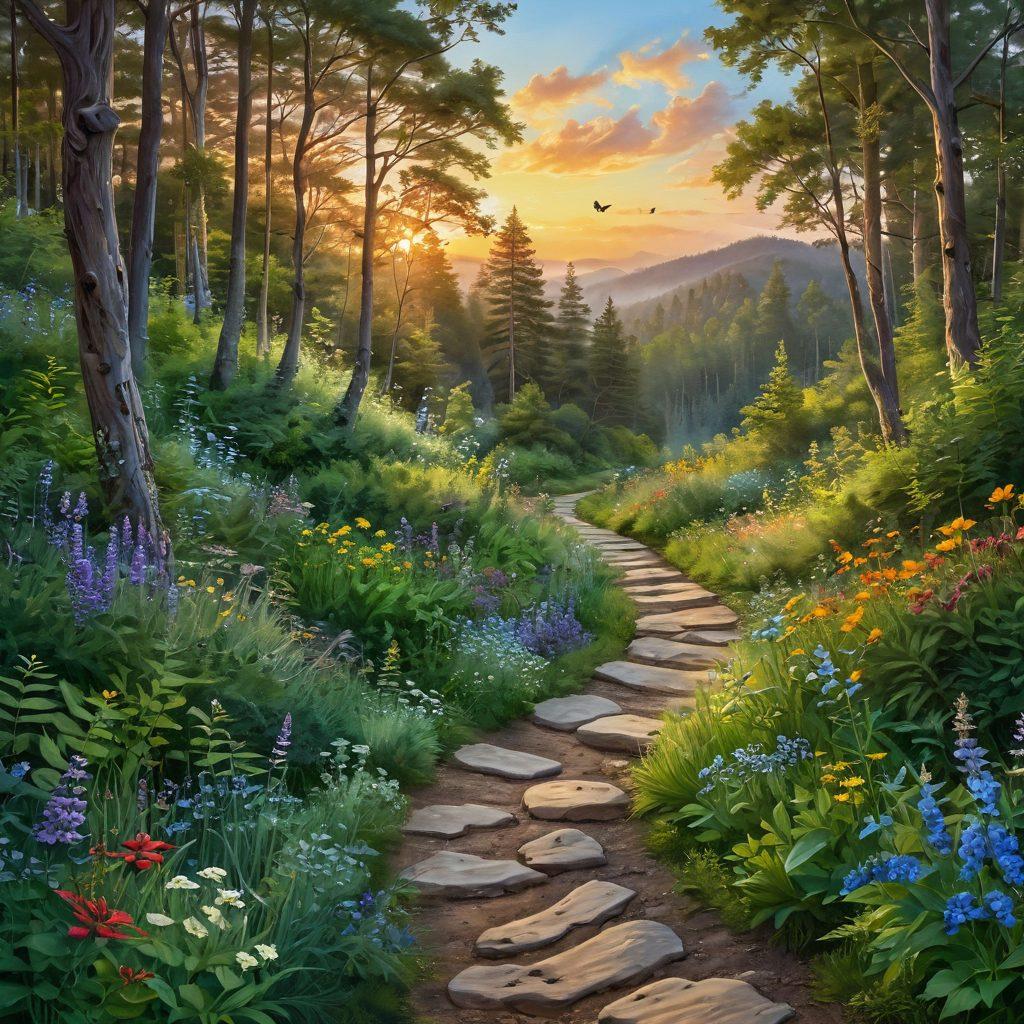 A serene landscape depicting a winding path through a lush green forest, symbolizing a journey. Alongside the path, bright wildflowers bloom, representing hope and resilience. In the background, a gentle sunrise illuminates the sky, conveying a sense of renewal and empowerment. Include subtle elements like butterflies and birds to embody transformation and freedom. super-realistic. vibrant colors. uplifting atmosphere.