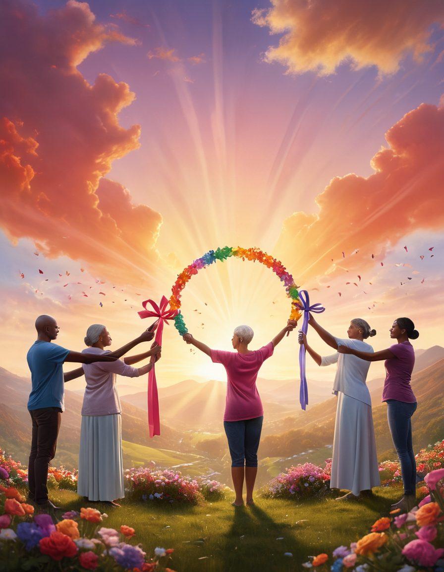 A powerful visual representation of a diverse group of cancer survivors united, standing strong together in a supportive circle, with symbols of hope like colorful ribbons in their hands. The background features a serene landscape with a sunrise, symbolizing new beginnings and resilience. Include elements like flowers blossoming and a helper figure providing support, emphasizing advocacy and care. vibrant colors. super-realistic.