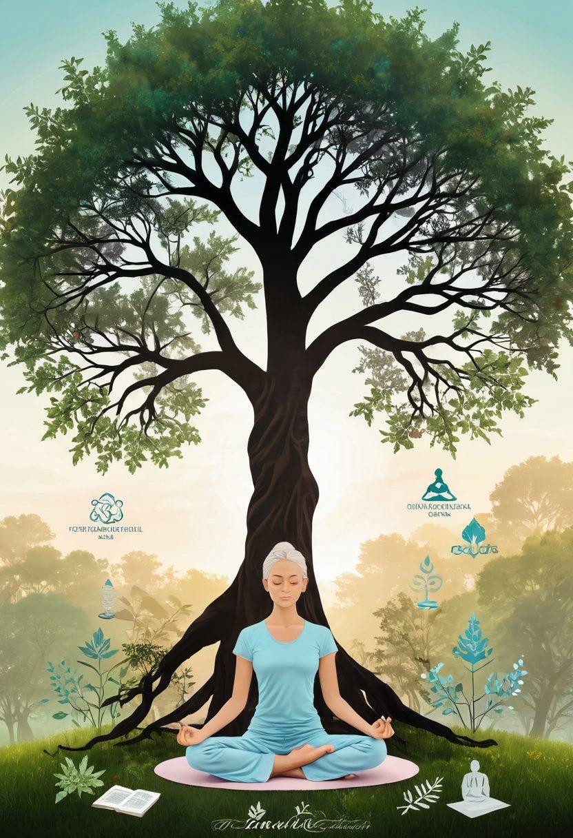 A serene landscape depicting a person meditating under a large tree, surrounded by symbols of holistic treatments like herbs, yoga mats, and essential oils. In the background, silhouettes of people supporting each other, symbolizing community and knowledge sharing. Overlay subtle images of breakthrough treatments like DNA strands and medical icons, enhancing a blend of nature and science. gentle pastel colors. super-realistic.